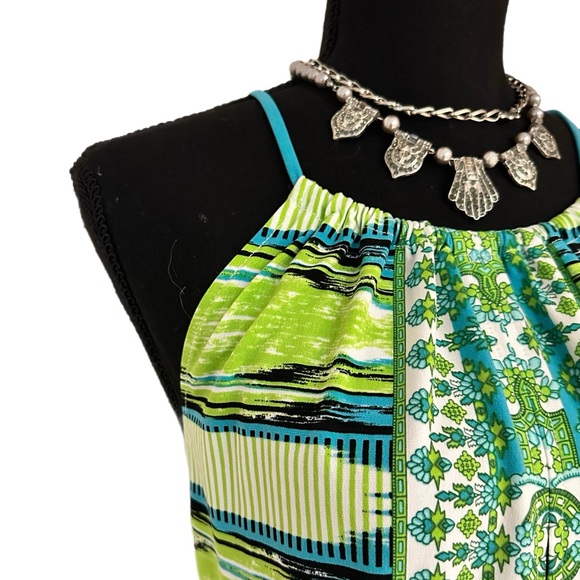 LONDON TIMES ~ Green and Yellow Lightweight Halter Top Sundress w/Key Hole Back - Picture 5 of 10